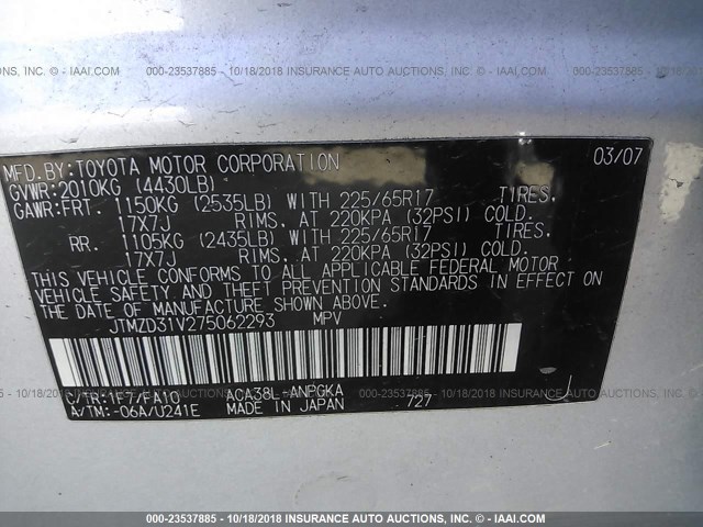 JTMZD31V275062293 - 2007 TOYOTA RAV4 LIMITED SILVER photo 9