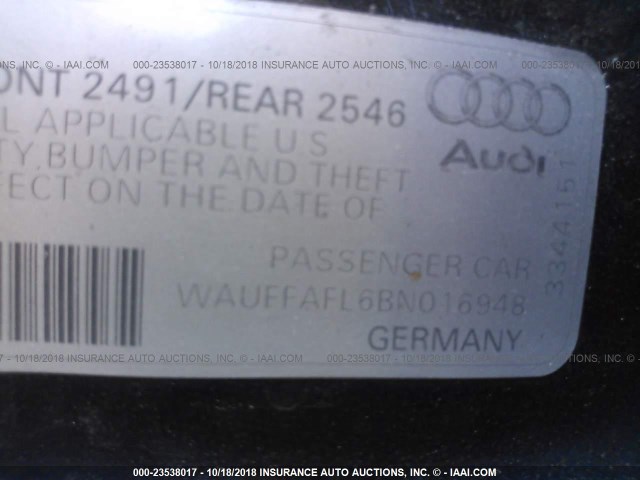 WAUFFAFL6BN016948 - 2011 AUDI A4 PREMIUM PLUS BLACK photo 9