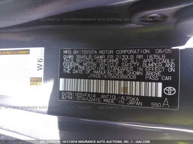 JTKDE167560088008 - 2006 TOYOTA SCION TC 灰色 照片 9