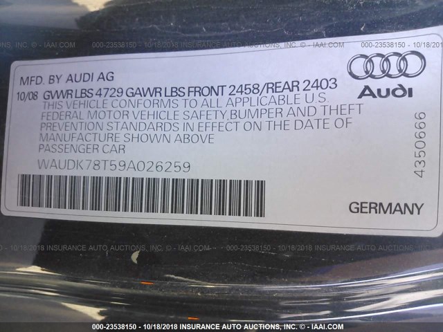 WAUDK78T59A026259 - 2009 AUDI A5 GRAY photo 9