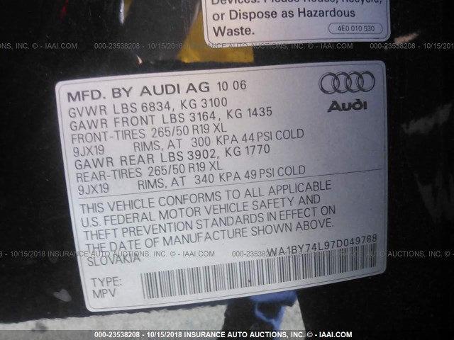 WA1BY74L97D049788 - 2007 AUDI Q7 3.6 QUATTRO PREMIUM BLACK photo 9