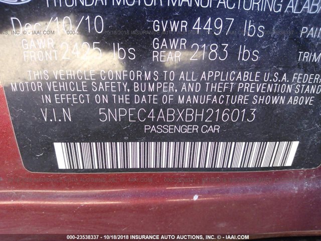 5NPEC4ABXBH216013 - 2011 HYUNDAI SONATA SE/LIMITED RED photo 9