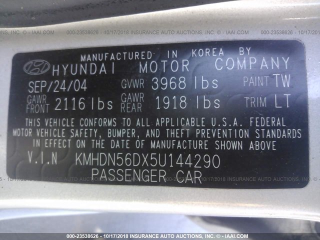 KMHDN56DX5U144290 - 2005 HYUNDAI ELANTRA GLS/GT SILVER photo 9