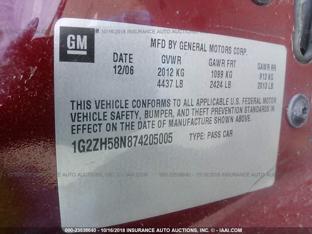 1G2ZH58N874205005 - 2007 PONTIAC G6 GT RED photo 9