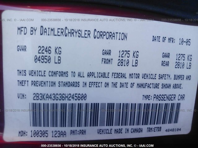 2B3KA43G36H245600 - 2006 DODGE CHARGER SE/SXT BURGUNDY photo 9