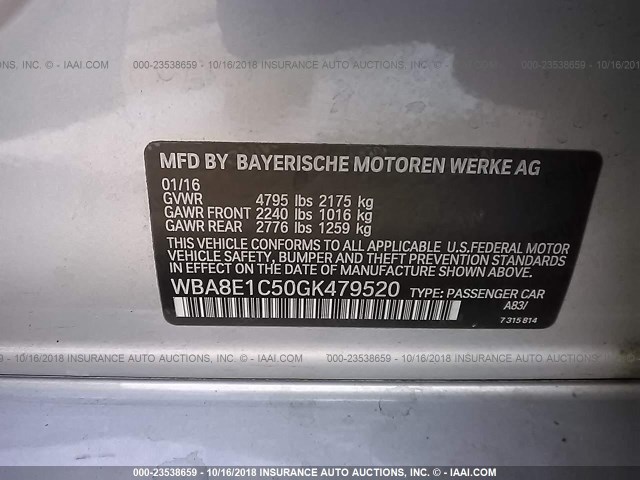 WBA8E1C50GK479520 - 2016 BMW 330E SILVER photo 9