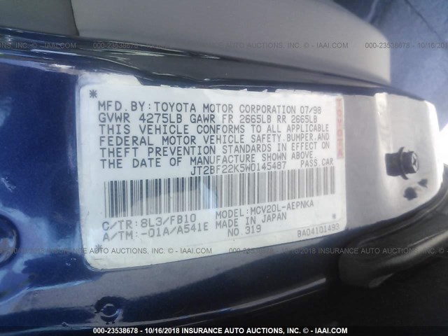 JT2BF22K5W0145487 - 1998 TOYOTA CAMRY CE/LE/XLE 蓝色 照片 9