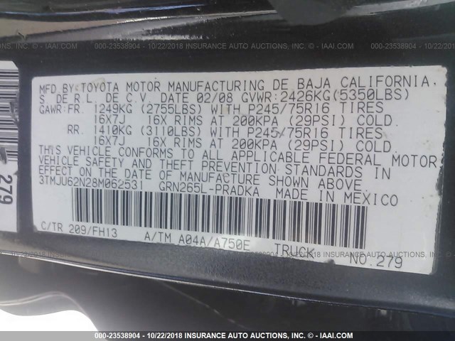 3TMJU62N28M062531 - 2008 TOYOTA TACOMA DOUBLE CAB PRERUNNER BLACK photo 9