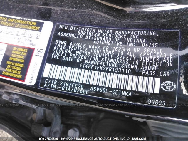 4T4BF1FK2FR493110 - 2015 TOYOTA CAMRY LE/XLE/SE/XSE BLACK photo 9