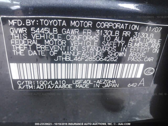 JTHBL46F285064282 - 2008 LEXUS LS 460 GRAY photo 9