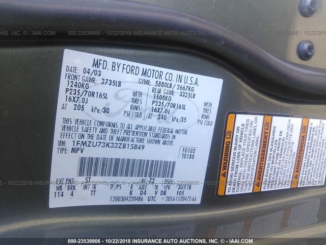 1FMZU73K33ZB15849 - 2003 FORD EXPLORER XLT/XLT SPORT/NBX Yaşıl foto 9