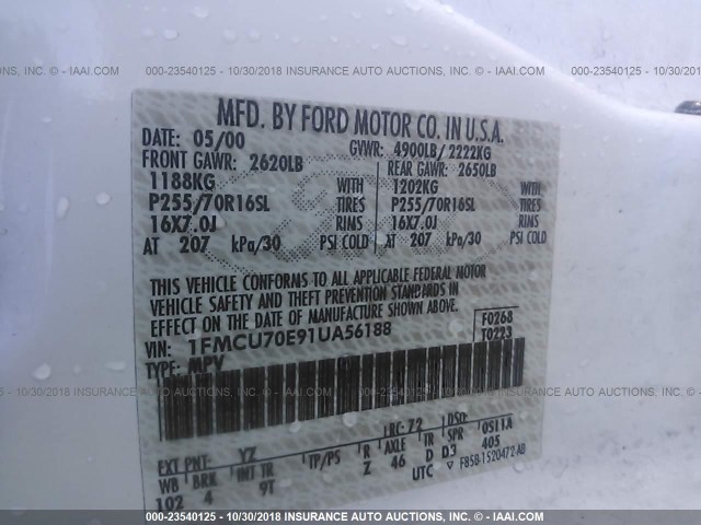 1FMCU70E91UA56188 - 2001 FORD EXPLORER SPORT WHITE photo 9