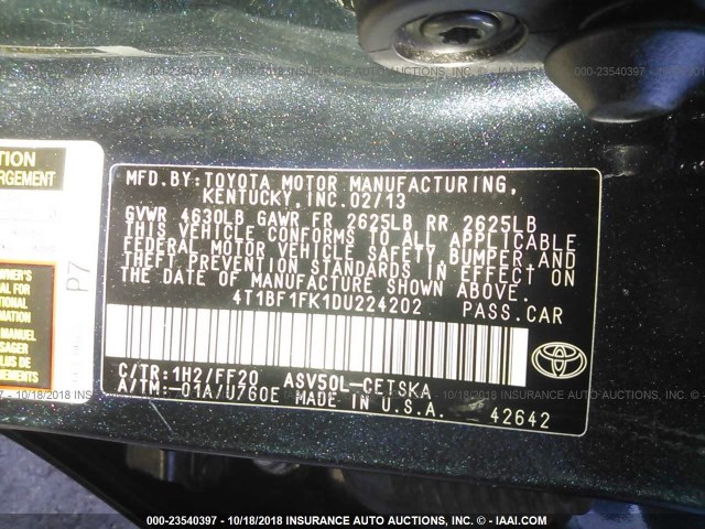 4T1BF1FK1DU224202 - 2013 TOYOTA CAMRY L/SE/LE/XLE 黑色 照片 9