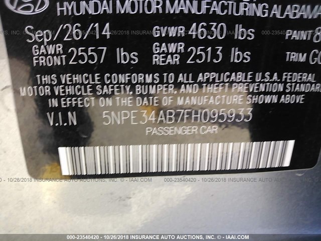 5NPE34AB7FH095933 - 2015 HYUNDAI SONATA SPORT/LIMITED GRAY photo 9