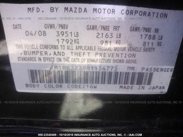 JM1BK323981154773 - 2008 MAZDA 3 S BLACK photo 9