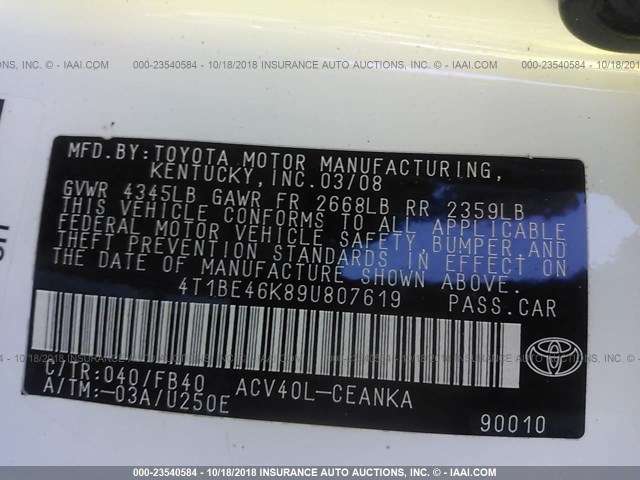 4T1BE46K89U807619 - 2009 TOYOTA CAMRY SE/LE/XLE 白色 照片 9