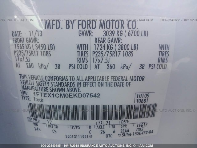1FTEX1CM0EKD07542 - 2014 FORD F150 SUPER CAB WHITE photo 9