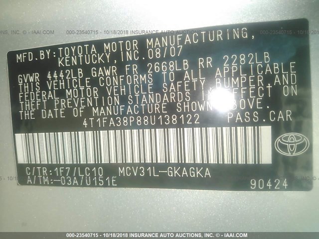 4T1FA38P88U138122 - 2008 TOYOTA CAMRY SOLARA SE/SLE/SPORT SILVER photo 9