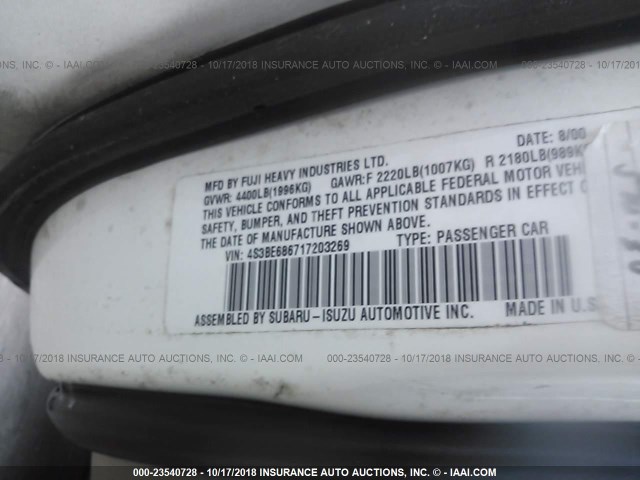 4S3BE686717203269 - 2001 SUBARU LEGACY OUTBACK LIMITED WHITE photo 9