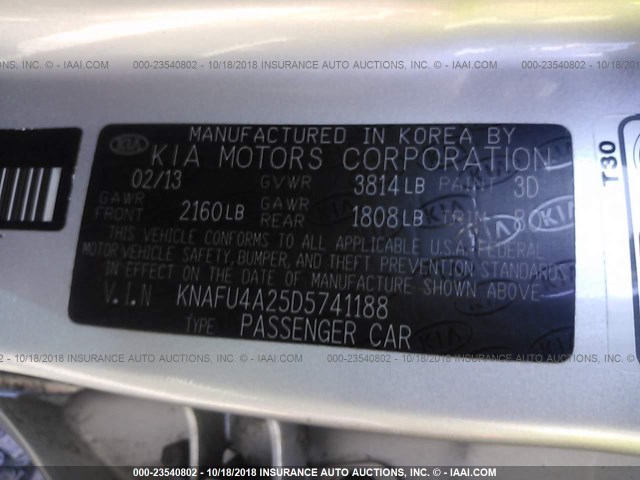 KNAFU4A25D5741188 - 2013 KIA FORTE EX SILVER photo 9