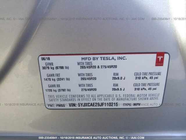 5YJXCAE29JF110215 - 2018 TESLA MODEL X SILVER photo 9