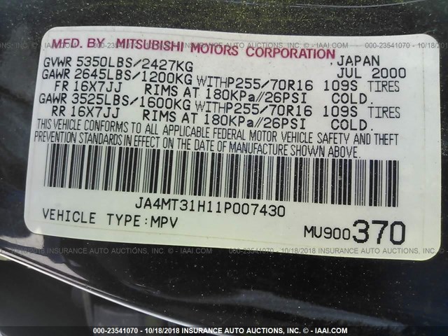 JA4MT31H11P007430 - 2001 MITSUBISHI MONTERO SPORT XLS BLACK photo 9