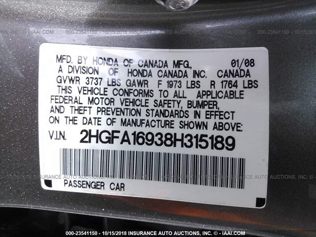 2HGFA16938H315189 - 2008 HONDA CIVIC EXL GRAY photo 9