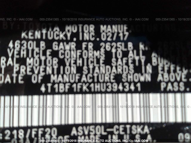 4T1BF1FK1HU394341 - 2017 TOYOTA CAMRY LE/XLE/SE/XSE BLACK photo 9