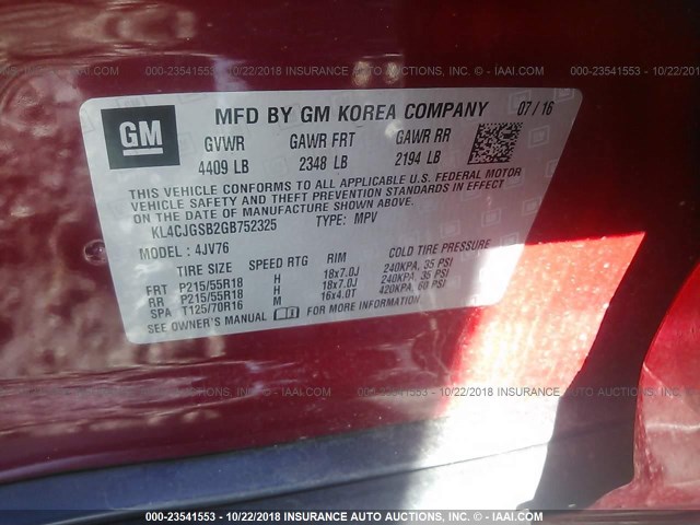 KL4CJGSB2GB752325 - 2016 BUICK ENCORE RED photo 9