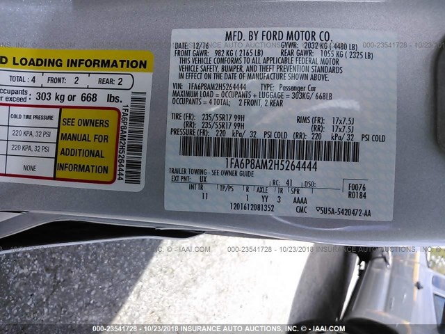 1FA6P8AM2H5264444 - 2017 FORD MUSTANG SILVER photo 9