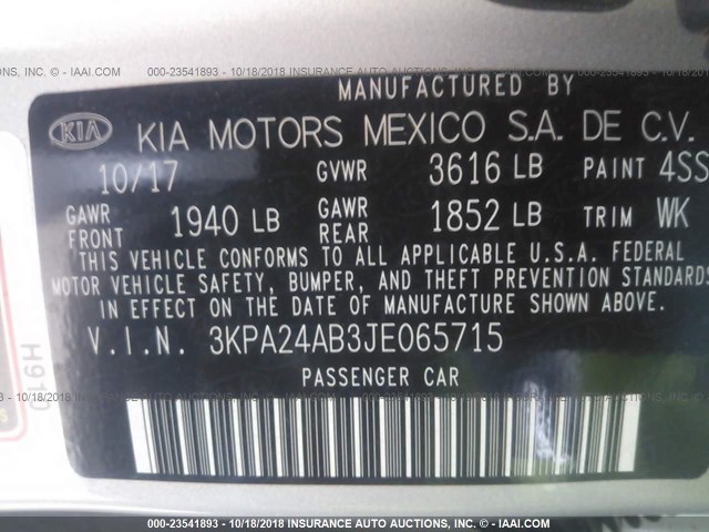 3KPA24AB3JE065715 - 2018 KIA RIO LX/S SILVER photo 9