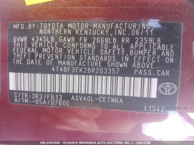 4T4BF3EK2BR203357 - 2011 TOYOTA CAMRY SE/LE/XLE RED photo 9