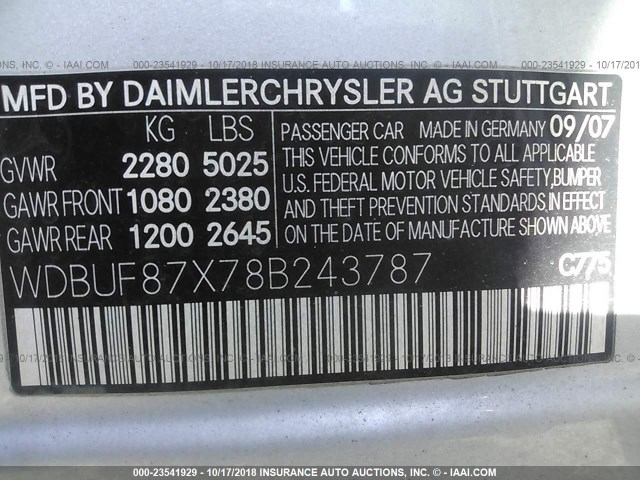 WDBUF87X78B243787 - 2008 MERCEDES-BENZ E 350 4MATIC SILVER photo 9