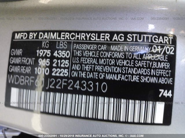 WDBRF61J22F243310 - 2002 MERCEDES-BENZ C 240 SILVER photo 9