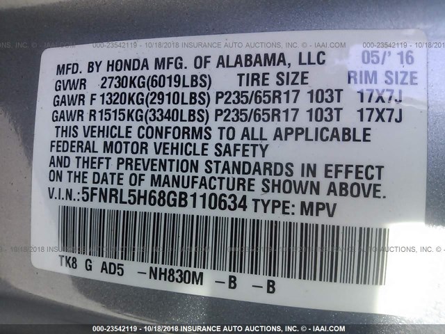 5FNRL5H68GB110634 - 2016 HONDA ODYSSEY EXL SILVER photo 9