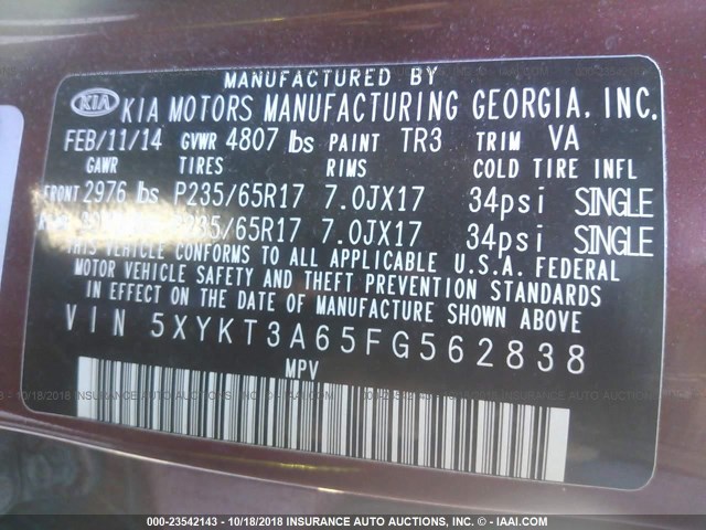 5XYKT3A65FG562838 - 2015 KIA SORENTO LX RED photo 9