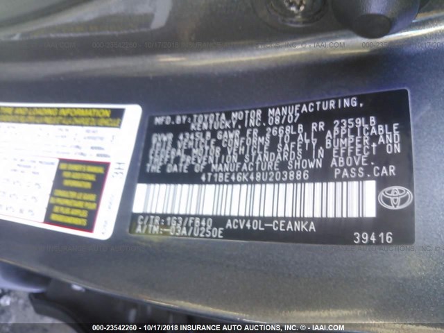 4T1BE46K48U203886 - 2008 TOYOTA CAMRY CE/LE/XLE/SE GRAY photo 9