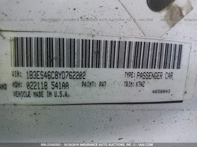 1B3ES46C8YD762202 - 2000 DODGE NEON ES WHITE photo 9