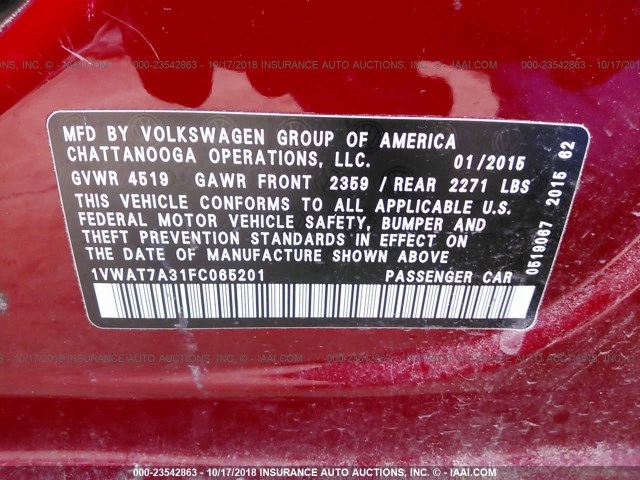 1VWAT7A31FC065201 - 2015 VOLKSWAGEN PASSAT S MAROON photo 9