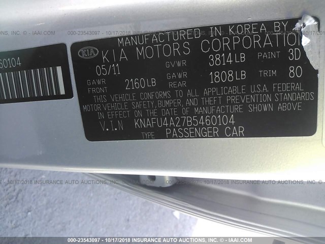 KNAFU4A27B5460104 - 2011 KIA FORTE EX SILVER photo 9