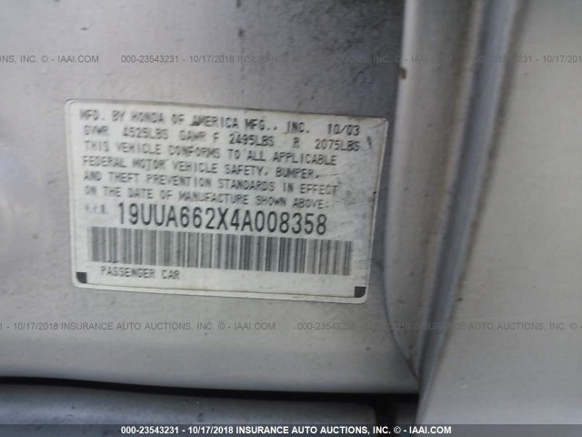 19UUA662X4A008358 - 2004 ACURA TL SILVER photo 9