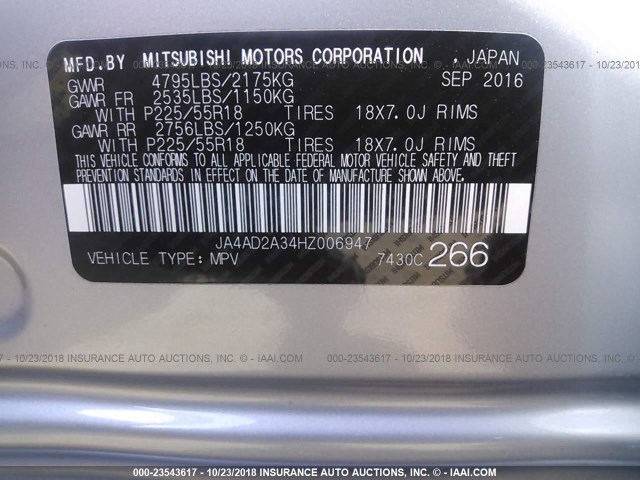 JA4AD2A34HZ006947 - 2017 MITSUBISHI OUTLANDER ES SILVER photo 9