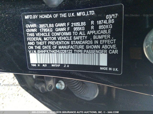 SHHFK7H42HU226122 - 2017 HONDA CIVIC SPORT 黑色 照片 9