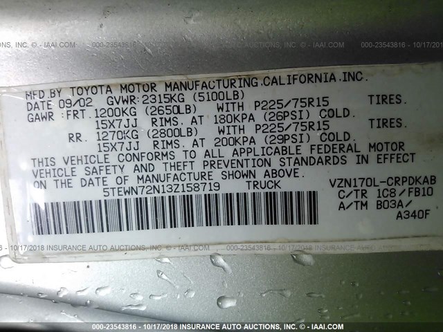 5TEWN72N13Z158719 - 2003 TOYOTA TACOMA XTRACAB SILVER photo 9