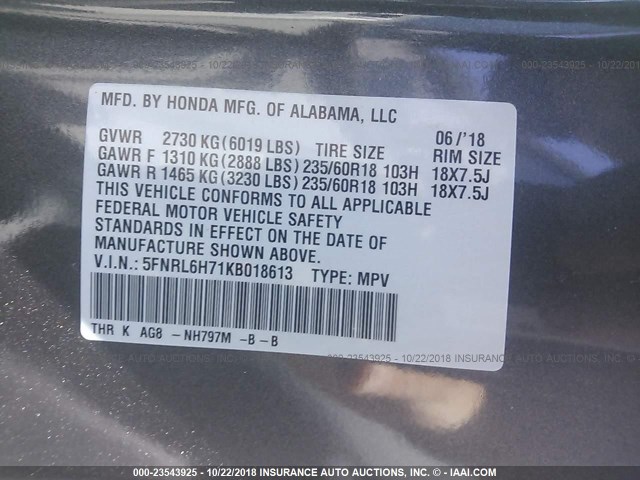 5FNRL6H71KB018613 - 2019 HONDA ODYSSEY EXL GRAY photo 9