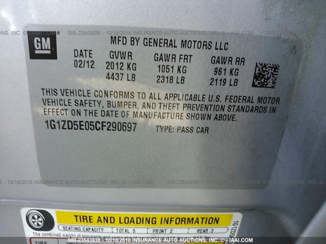 1G1ZD5E05CF290697 - 2012 CHEVROLET MALIBU 2LT SILVER photo 9