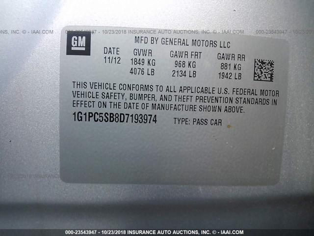 1G1PC5SB8D7193974 - 2013 CHEVROLET CRUZE LT SILVER photo 9