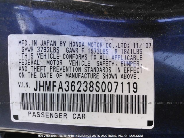 JHMFA36238S007119 - 2008 HONDA CIVIC HYBRID BLUE photo 9