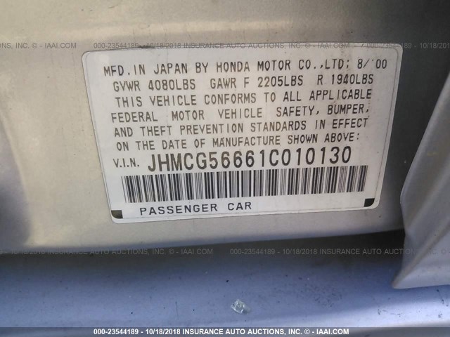 JHMCG56661C010130 - 2001 HONDA ACCORD EX GRAY photo 9