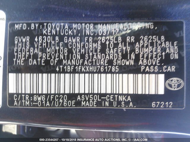 4T1BF1FKXHU761785 - 2017 TOYOTA CAMRY LE/XLE/SE/XSE BLUE photo 9